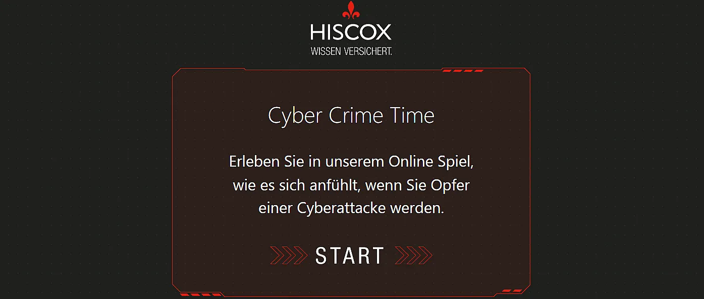 Startseite des Hiscox Cyber Crime Time Spiels