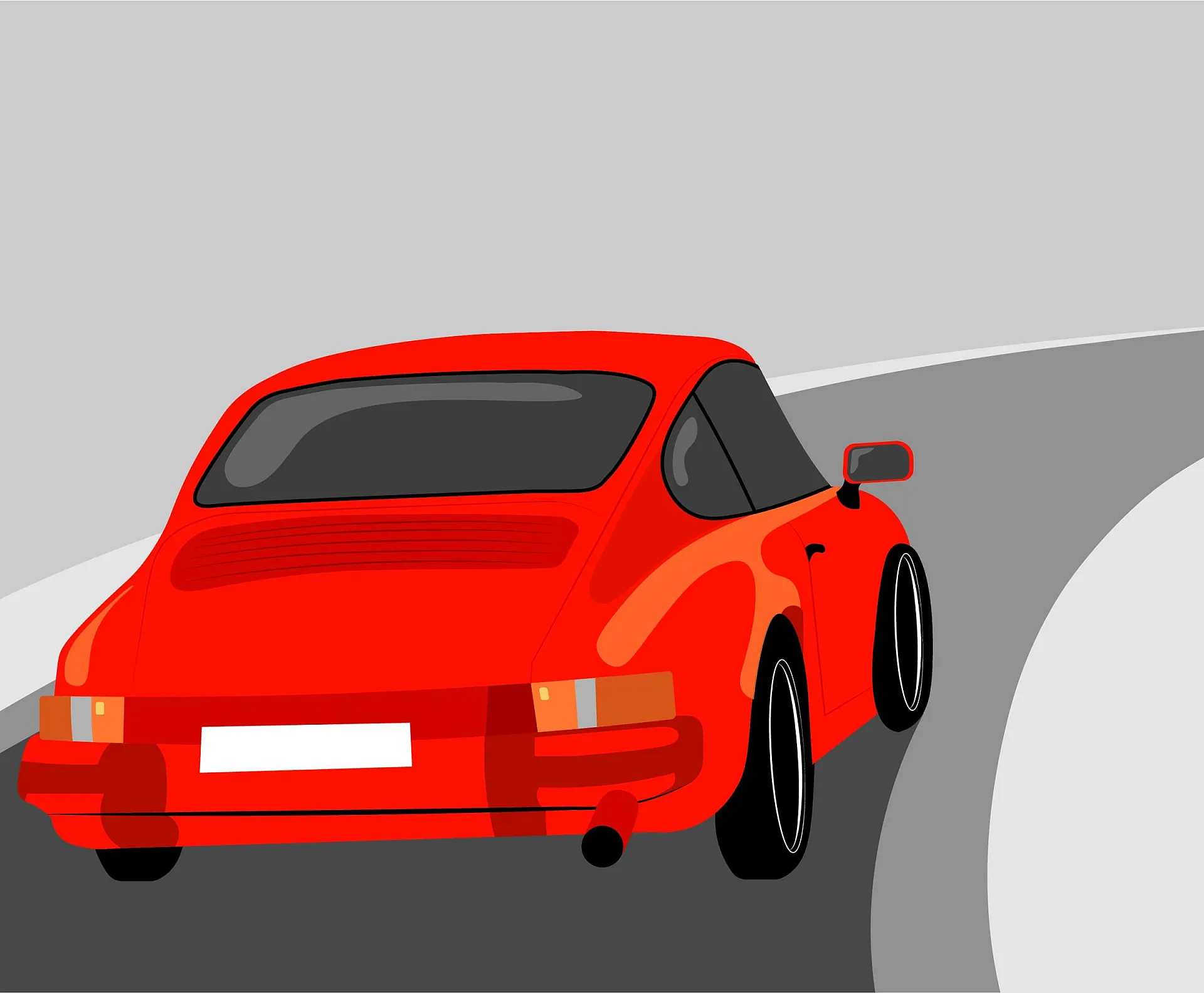 Illustration eines roten Sportwagens, der auf einer kurvigen Straße nach rechts fährt – sichtbar sind Rücklichter, Stoßstange und Auspuff; die Straße ist grau mit weißen Rändern.