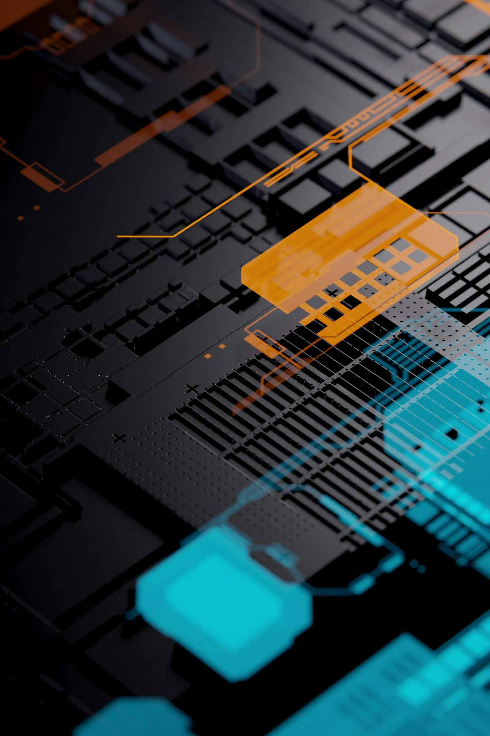 Futuristisches Leiterplatten-Design in Schwarz mit orangefarbenen und blauen geometrischen Formen. Das Bild vermittelt eine Hightech- und digitale Atmosphäre.