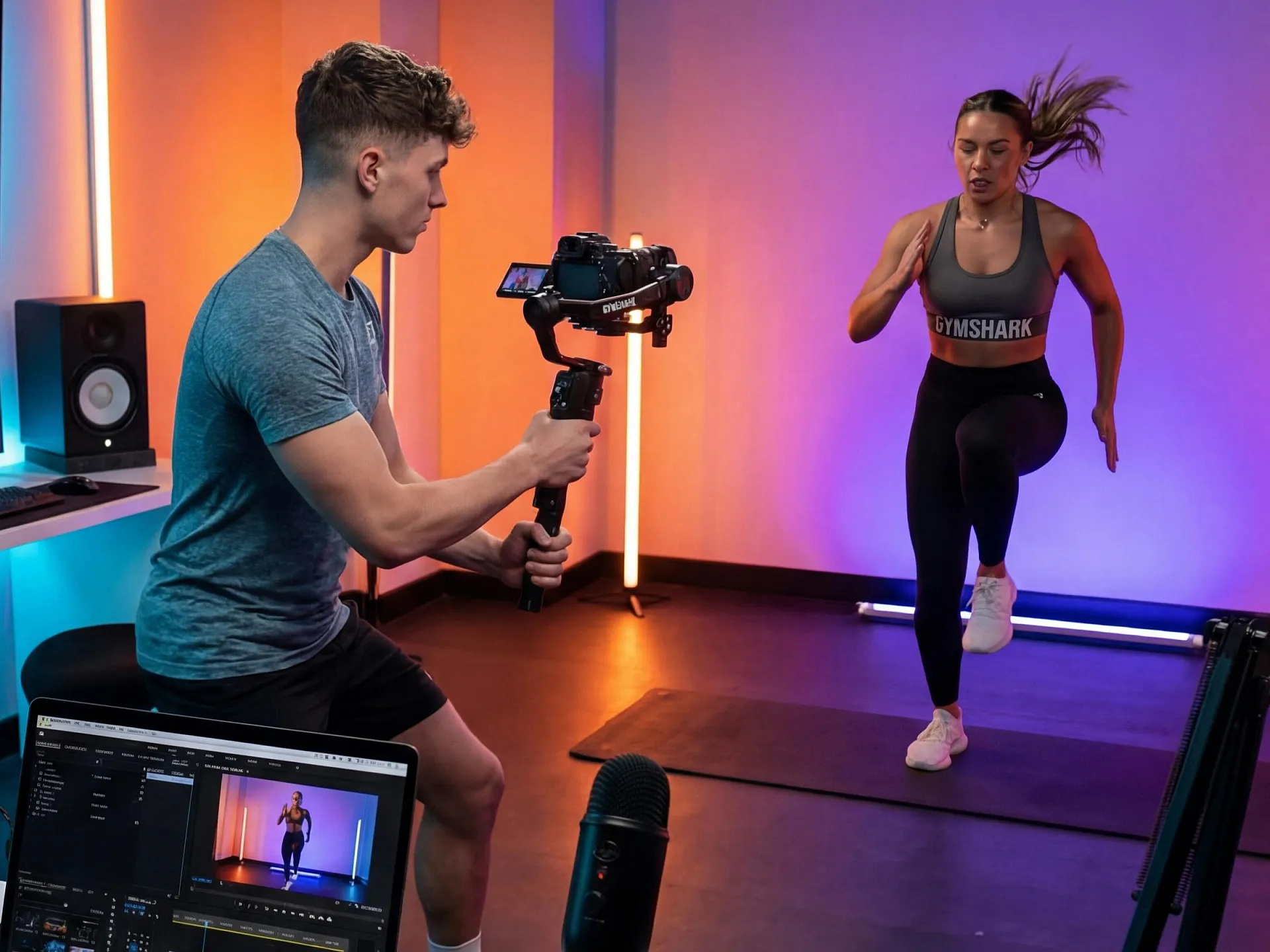 Eine Frau trainiert in einem Studio, während ein Mann sie mit einer Kamera auf einem Stativ filmt. Bunte Lichter und Schnitttechnik sorgen für eine professionelle Kulisse.