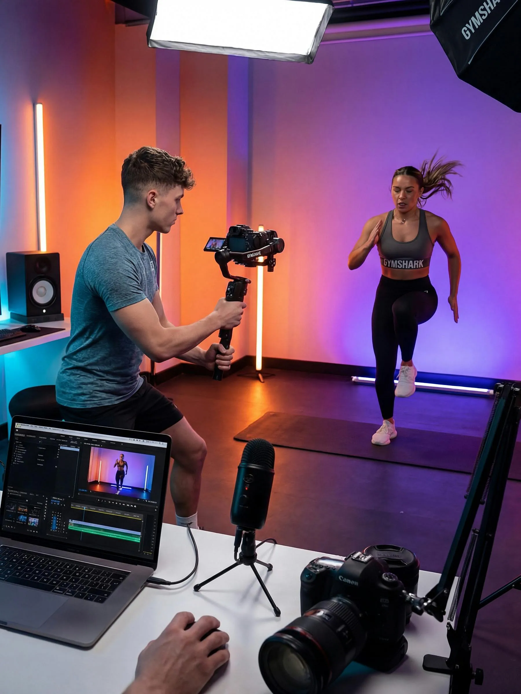 Eine Frau trainiert in einem Studio, während ein Mann sie mit einer Kamera auf einem Stativ filmt. Bunte Lichter und Schnitttechnik sorgen für eine professionelle Kulisse.