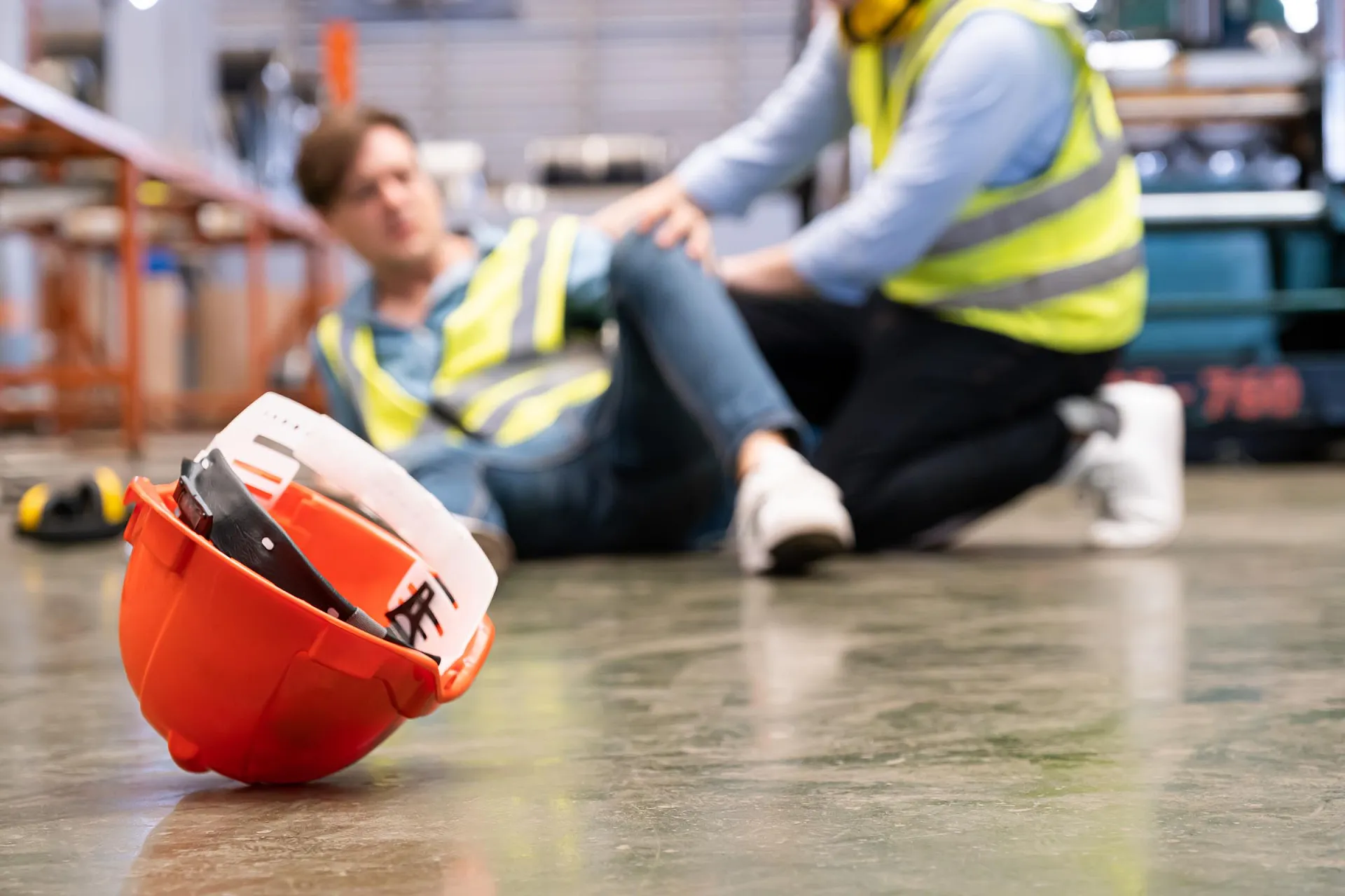 Ein roter Schutzhelm steht im Mittelpunkt auf dem Boden eines Lagerhauses. Im unscharfen Hintergrund kümmern sich zwei Arbeiter in Warnwesten um einen gestürzten Kollegen und zeigen ihre Besorgnis.
