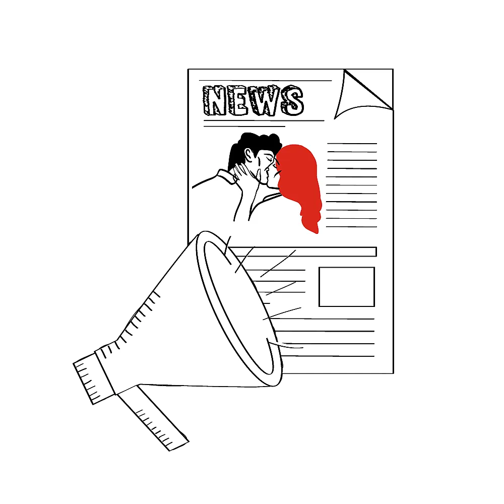 Ein Megafon ist auf eine Zeitung gerichtet, die ein Bild eines sich küssenden Paares zeigt. Das Wort 'NEWS' steht oben auf der Zeitung.