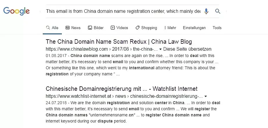 Bildschirmaufnahme einer Google-Suche zum Thema "China Domain Name Scam", mit Suchergebnissen, die auf Betrugsversuche mit chinesischen Domain-Namen hinweisen