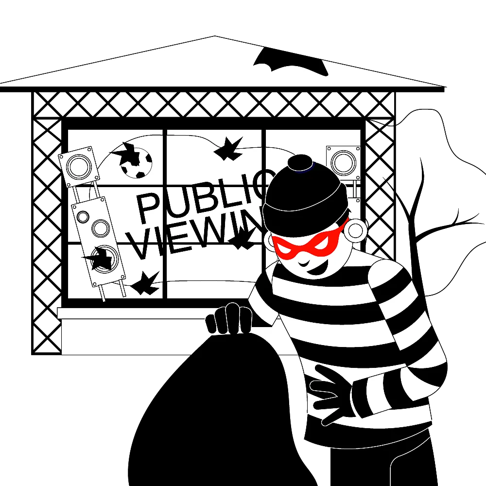 Ein Dieb mit einer schwarzen Maske und einem gestreiften Hemd hält einen Sack vor einem Fenster mit der Aufschrift 'PUBLIC VIEWING'. Im Hintergrund sind Lautsprecher und Dekorationen zu sehen