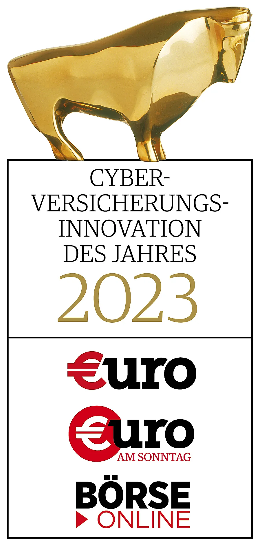 Goldene Stierstatue über dem Text: ‚CYBER-VERSICHERUNGS-INNOVATION DES JAHRES 2023‘.