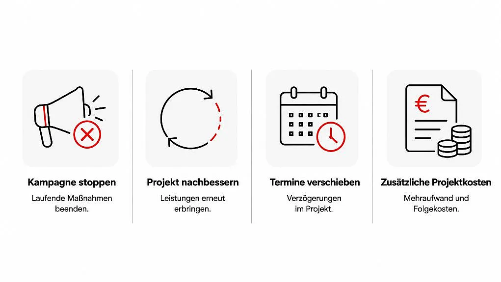 Infografik zu möglichen Folgen fehlerhafter Projektarbeit: Kampagnenstopp, Nachbesserung, Terminverschiebung und Mehrkosten.