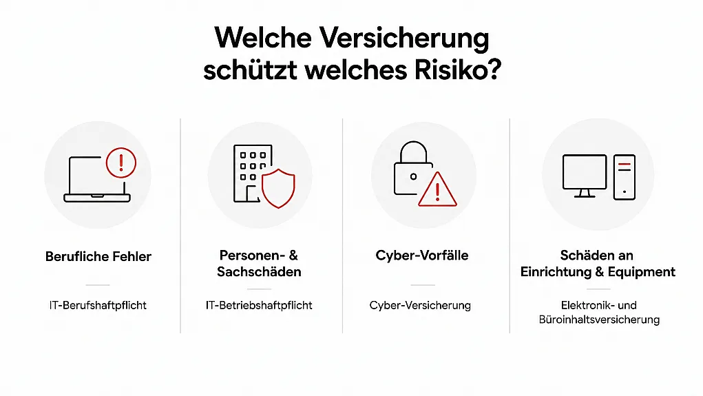 Diagramm zeigt verschiedene Versicherungsarten und zugehörige Risiken in vier Spalten mit Symbolen und Beschriftungen. Enthält berufliche Fehler (IT-Berufshaftpflicht), Personen- & Sachschäden (IT-Betriebshaftpflicht), Cyber-Vorfälle (Cyber-Versicherung) und Schäden an Einrichtung & Equipment (Elektronik- und Büroinhaltsversicherung).