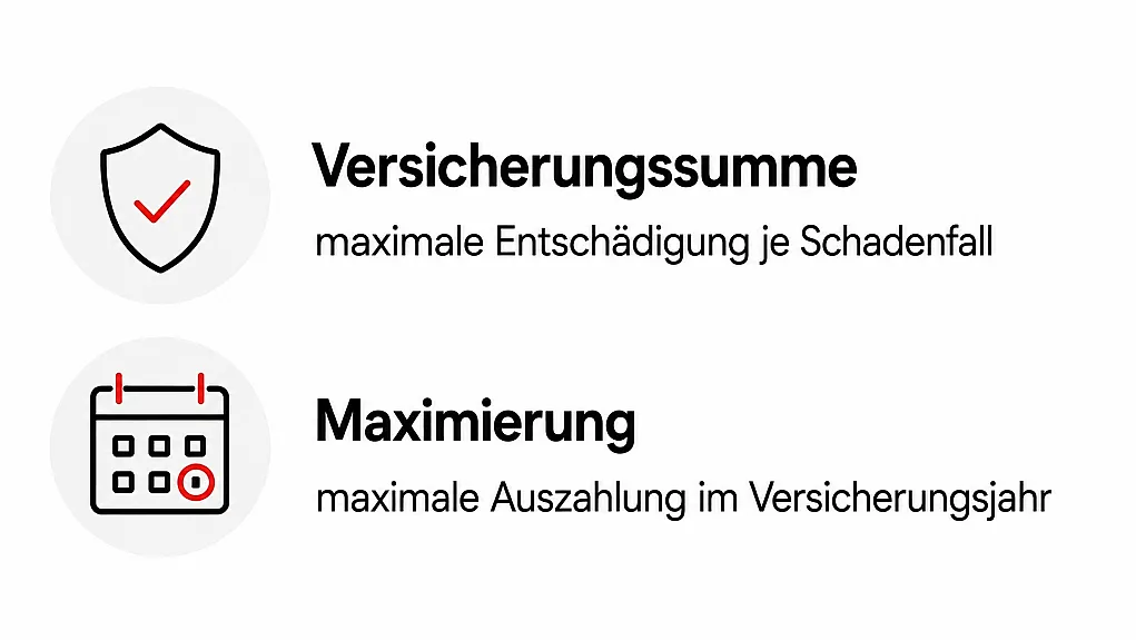 Grafik mit zwei Symbolen und Texten erklärt Versicherungsbegriffe: Versicherungssumme als maximale Entschädigung je Schadenfall mit Schild-Symbol und Maximierung als maximale Auszahlung im Versicherungsjahr mit Kalender-Symbol. Klare Struktur mit schwarzer Schrift und roten Akzenten hebt wichtige Begriffe hervor.