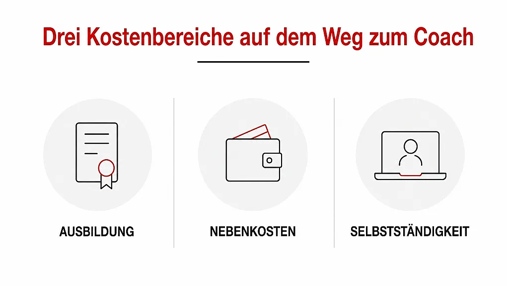 Diagramm zeigt drei Kostenbereiche auf Weg zum Coach: Ausbildung, Nebenkosten und Selbstständigkeit, jeweils mit passendem Icon (Urkunde, Geldbörse, Person am Laptop). Zweck ist Übersicht über wesentliche finanzielle Aspekte, dargestellt in klaren Abschnitten mit schwarzer Schrift und roten Akzenten.