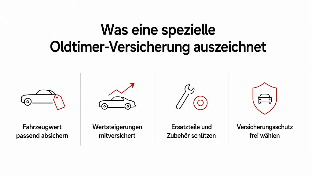 Diagramm zeigt vier Vorteile spezieller Oldtimer-Versicherung mit Symbolen: Fahrzeugwert absichern, Wertsteigerungen mitversichern, Ersatzteile schützen, Versicherungsschutz frei wählen. Rote Akzente heben wichtige Elemente hervor, Text beschreibt jeweils spezifischen Nutzen für Oldtimer-Besitzer.