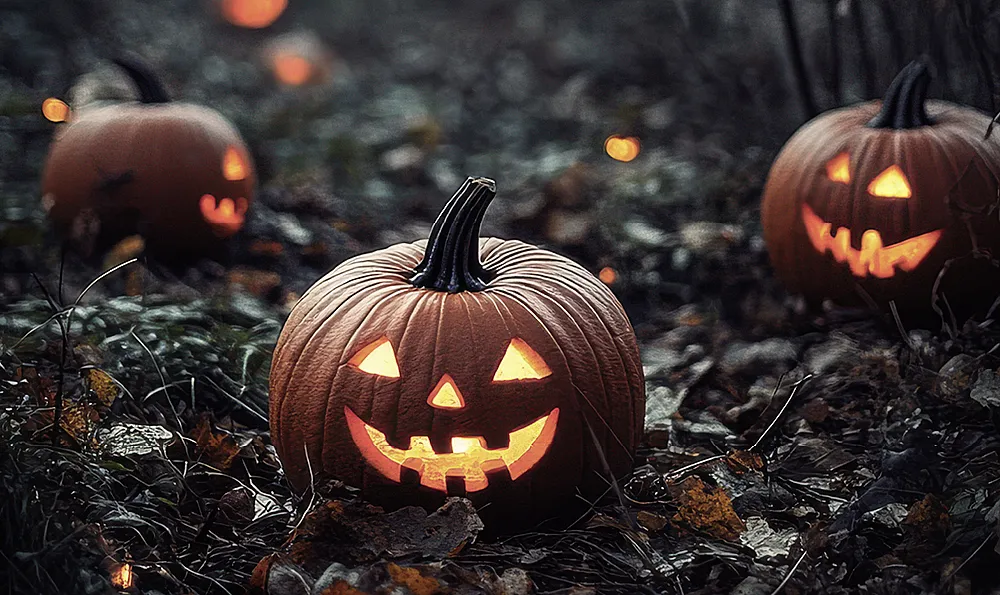 Drei leuchtende Kürbislaternen mit geschnitzten Gesichtern stehen auf dem Boden zwischen herbstlichen Blättern und Gras. Die Szene ist in der Dämmerung aufgenommen und verbreitet eine stimmungsvolle, leicht gruselige Halloween-Atmosphäre.