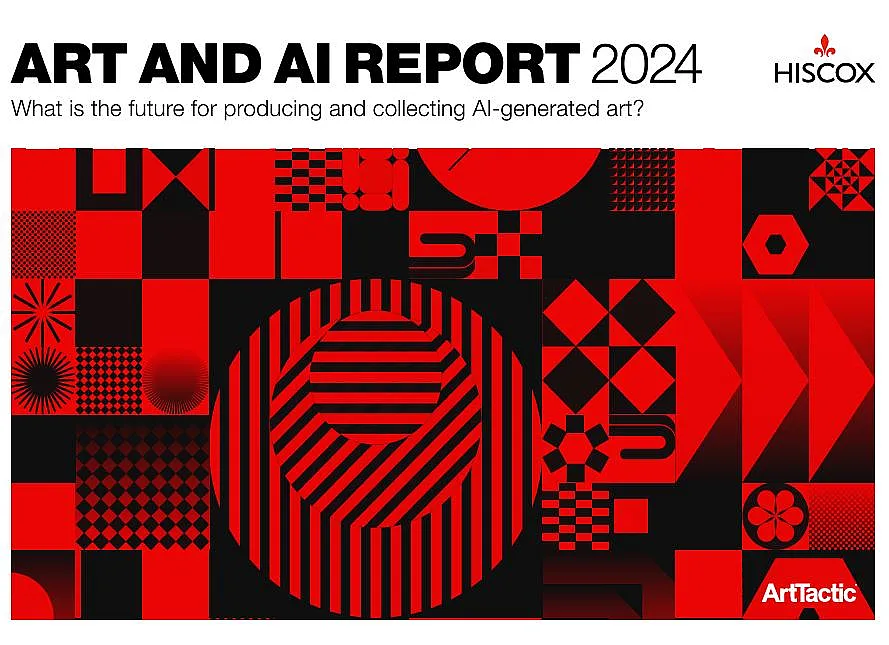 Ein Bild zeigt das Cover des "Art and AI Report 2024" von Hiscox und ArtTactic. Der Titel lautet: "What is the future for producing and collecting AI-generated art?" Das Design besteht aus verschiedenen roten und schwarzen geometrischen Mustern
