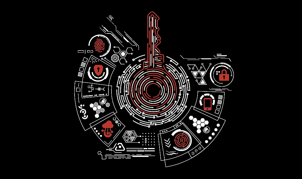 Futuristische Benutzeroberfläche mit einem großen Schlüsselsymbol in der Mitte, umgeben von Sicherheits-Symbolen wie Vorhängeschlössern und Schilden. Das Design verwendet rote und weiße Linien auf schwarzem Hintergrund