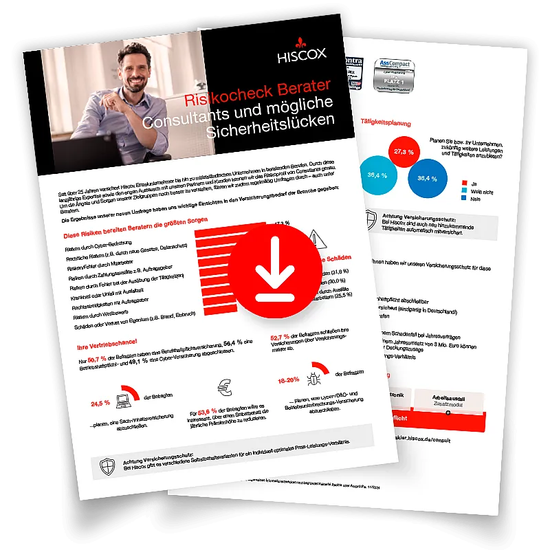 Zwei übereinanderliegende Dokumente, das obere zeigt einen Mann im Anzug mit einem Laptop. Der Titel des Dokuments lautet "Risiko Check Berater - Consultants und mögliche Sicherheitslücken". Ein großer roter Download-Button ist in der Mitte des Dokuments zu sehen