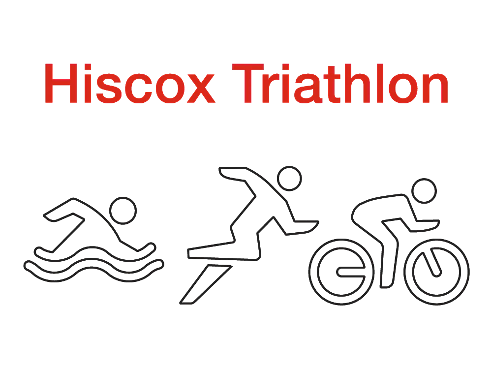 Hiscox Triathlon. Drei Piktogramme zeigen die Disziplinen Schwimmen, Laufen und Radfahren.