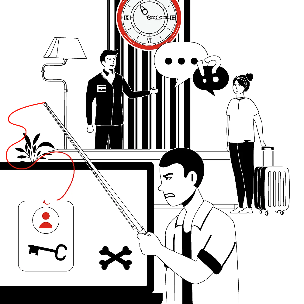 Eine Illustration zeigt eine Szene in einem Hotel. Ein Mann mit einem gestreiften Hemd benutzt einen Laptop, der mit einer Pflanze verbunden ist. Links steht eine Stehlampe, daneben ein Mann im Anzug, der auf eine Sprechblase zeigt. Rechts steht eine Frau mit einem Koffer