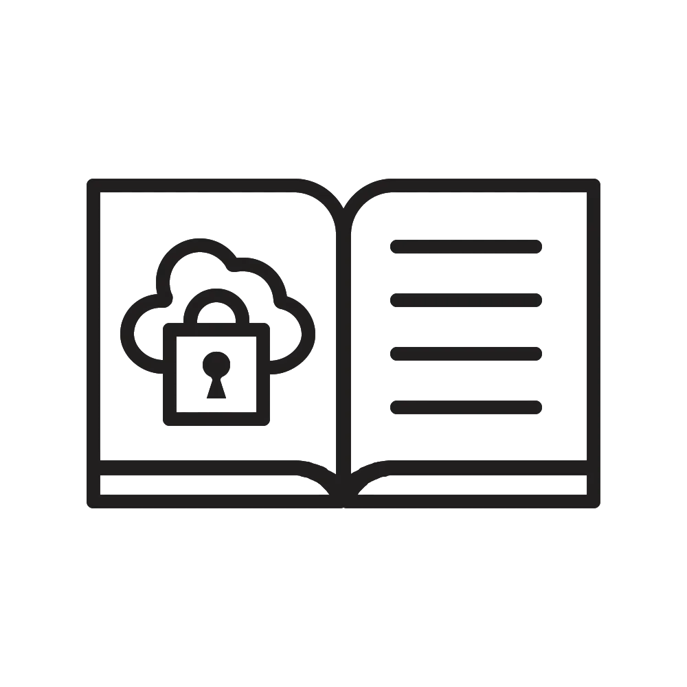 Icon Cyber Krisenplan in einem Buch mit Schloss und Wolke