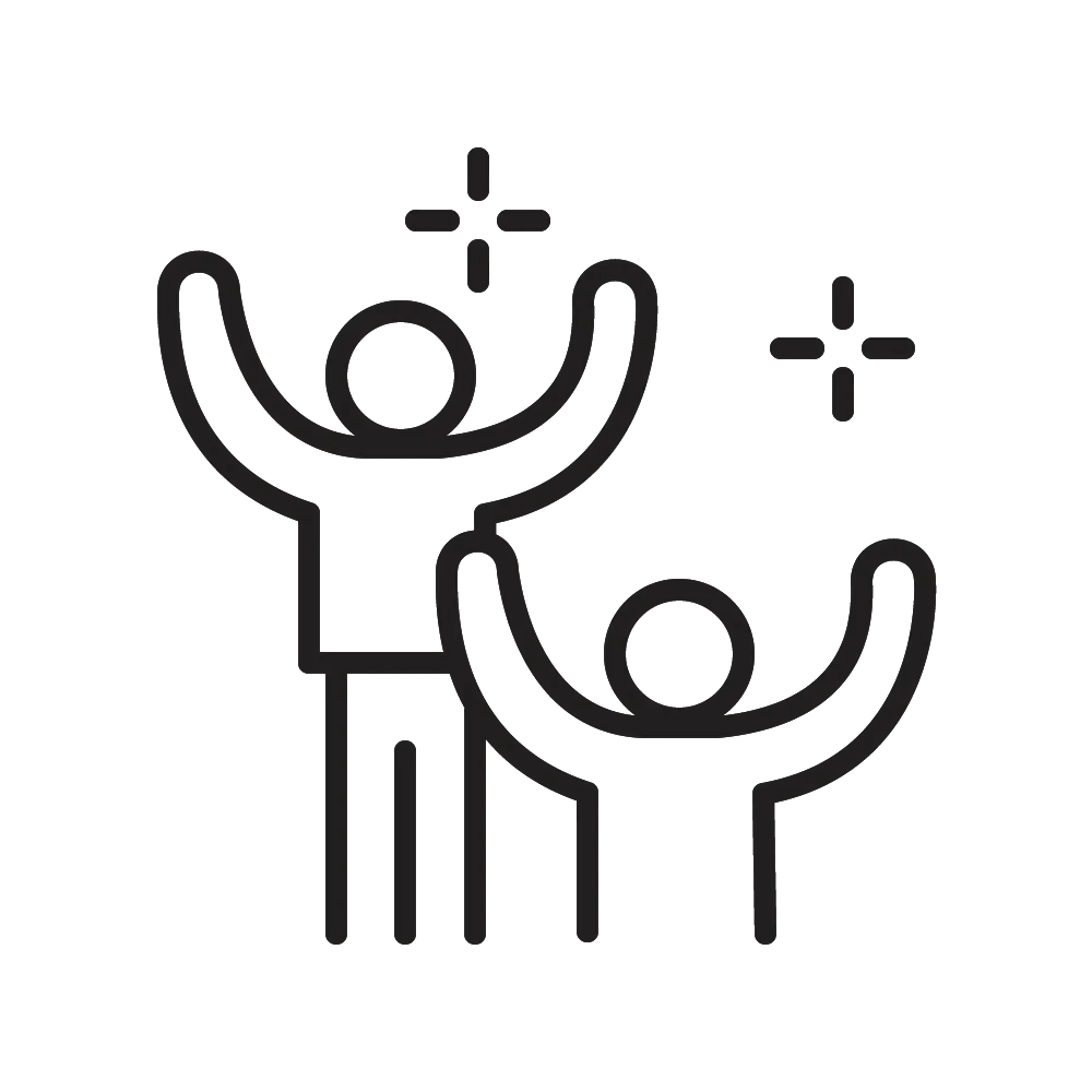 Icon von zwei Personen, die ihre Hände heben, symbolisiert Support und Unterstützung.