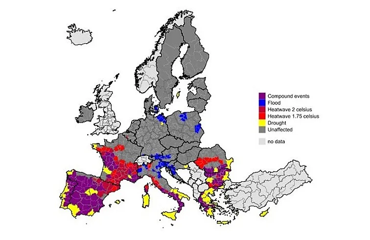 Eine Karte von Europa zum Einfluss von extremen Wetterereignissen. Betroffen sind überwiegend Spanien, Portugal, Südfrankreich, Italien und Griechenland.