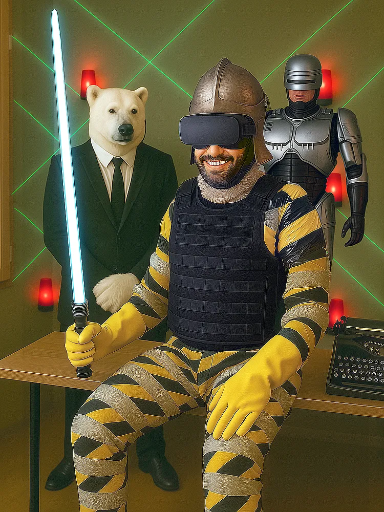 Ein grinsender Mann, der in Verpackungsfolie gehüllt ist, trägt gelbe Gummihandschuhe und ein Laserschwert. Hinter ihm stehen ein Eisbär in Anzug sowie ein Ritter.