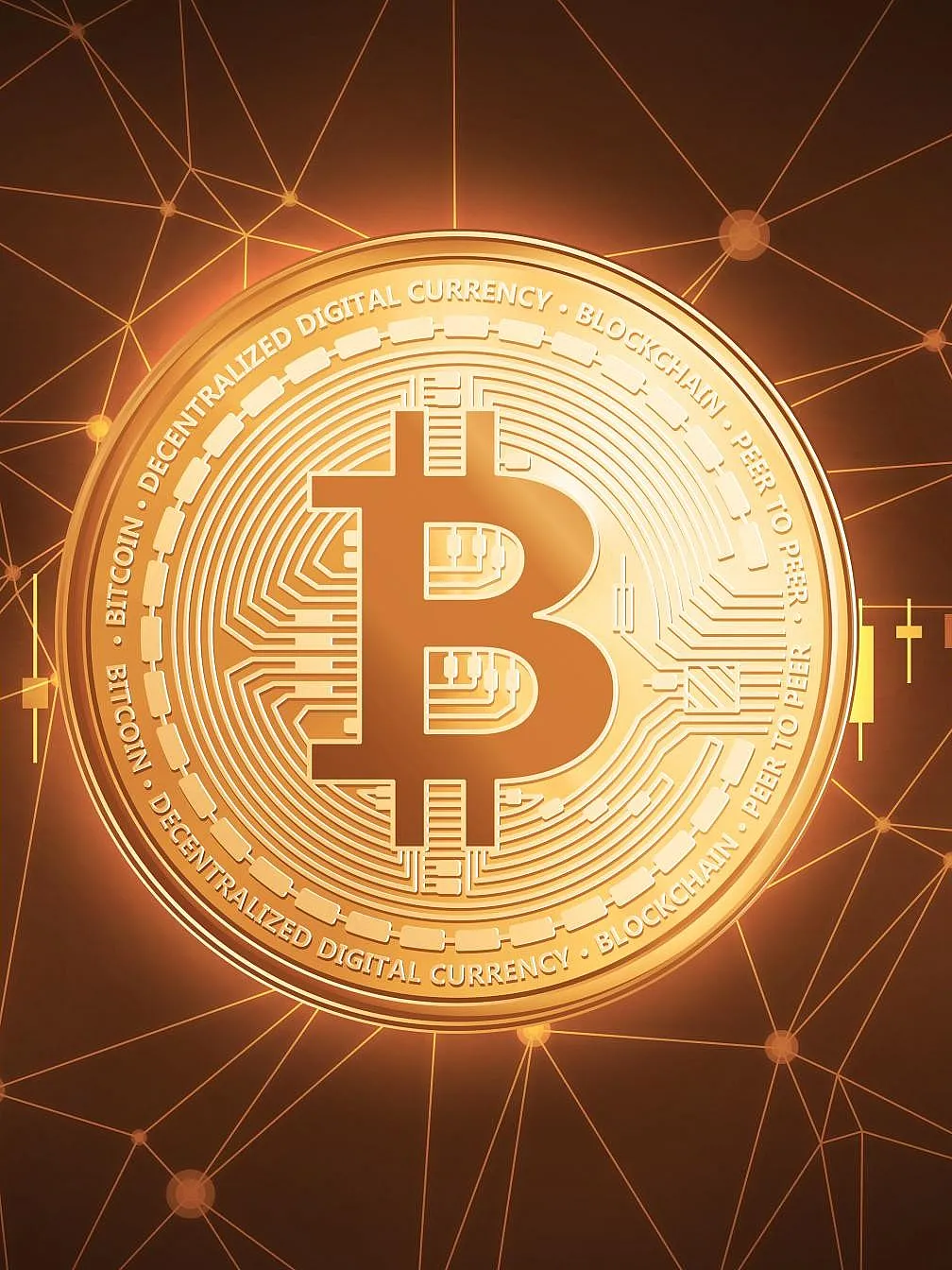 Ein leuchtendes Bitcoin-Symbol in der Mitte, umgeben von einem Netzwerk miteinander verbundener Knoten, das die Blockchain-Technologie darstellt.