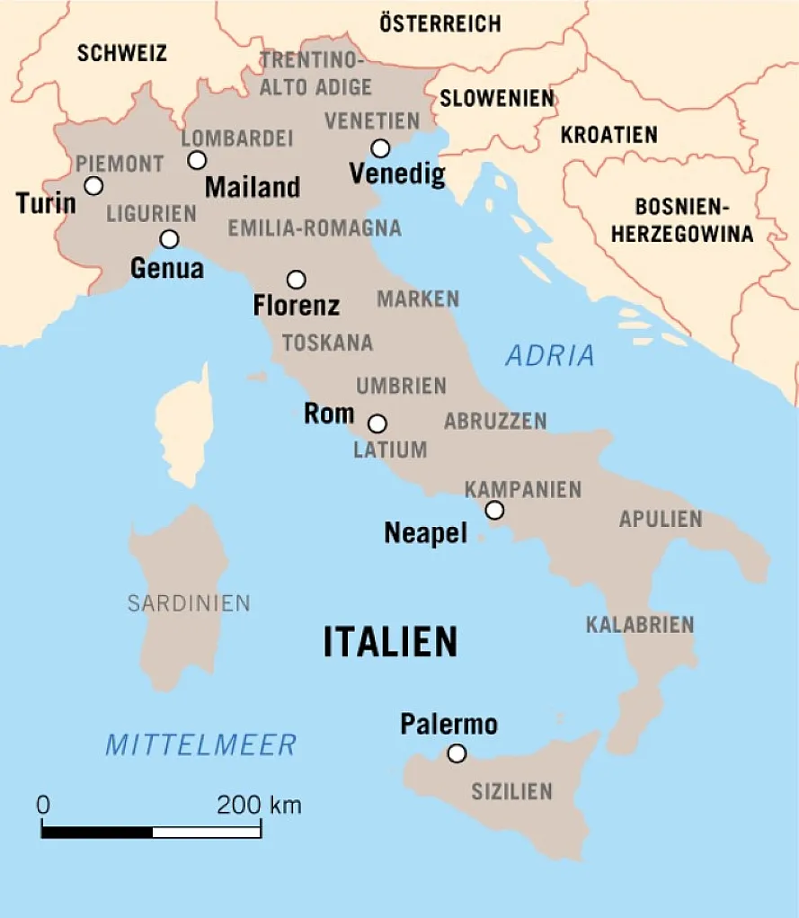 Eine Landkarte von Italien mit Kennzeichnung der wichtigsten Städte.