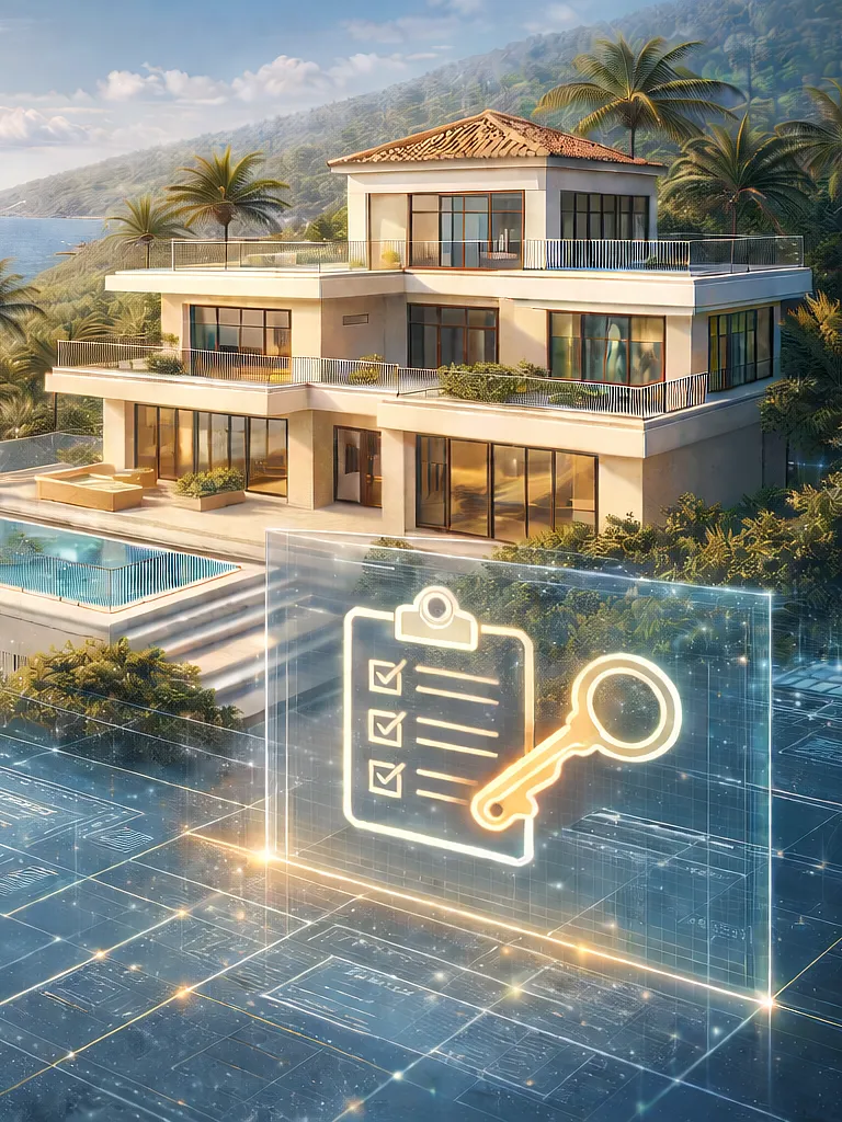 Luxuriöse Villa am Meer mit Palmen und einem Infinity-Pool unter strahlend blauem Himmel. Digitale Symbole einer Mailbox und einer Schlüssel-Checkliste überlagern die Szene und symbolisieren Kommunikation und Sicherheit in einer ruhigen, modernen Umgebung.