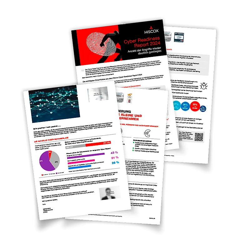 Das Bild zeigt vier Seiten eines Dokuments mit dem Titel "Hiscox Cyber Readiness Report 2024". Die erste Seite enthält den Titel, eine rote und schwarze Grafik sowie das Hiscox-Logo.
