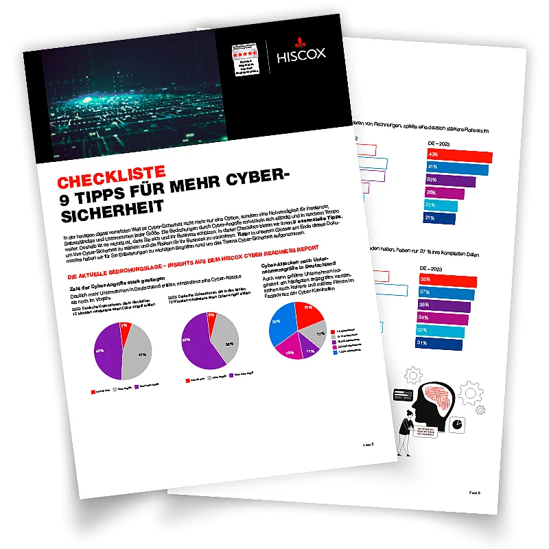 Zwei Hiscox-Dokumentseiten mit Checkliste „9 Tipps für mehr Cybersicherheit“, Kreis- und Balkendiagrammen sowie erklärendem Text.