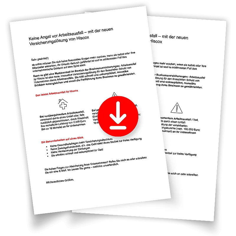 Vorschau auf ein Kundenanschreiben zur neuen Hiscox Arbeitsausfallversicherung inklusive Downloadsymbol