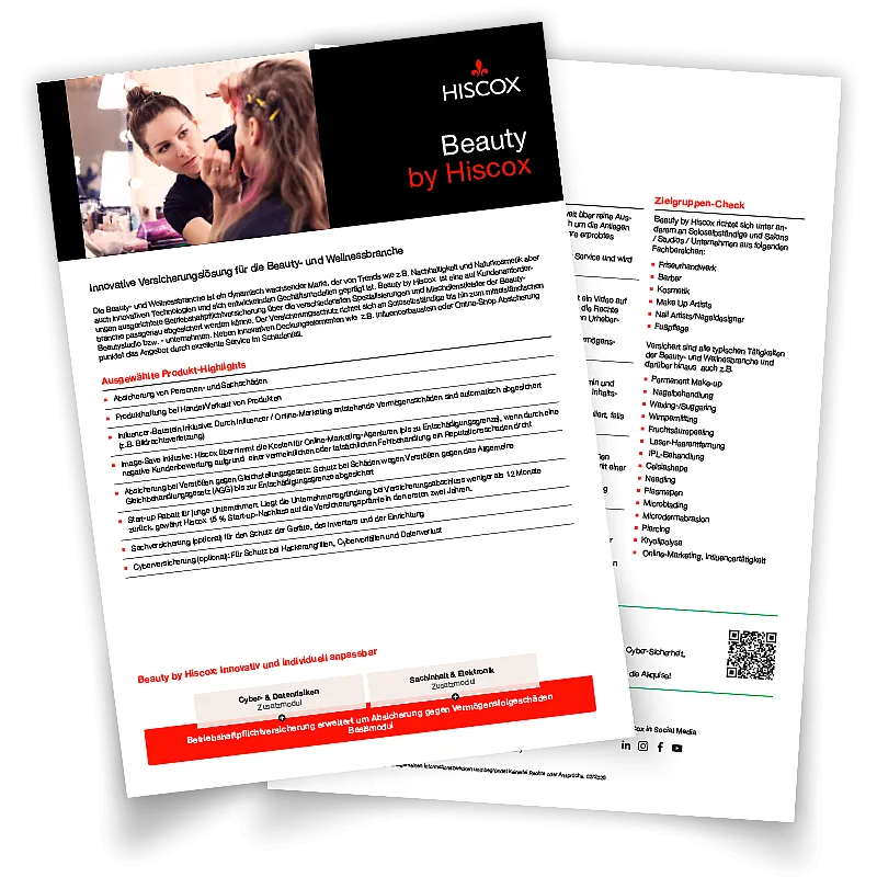 Darstellung der Vorderseite und Rückseite vom Highlightsheet von Beauty by Hiscox liegen übereinander.