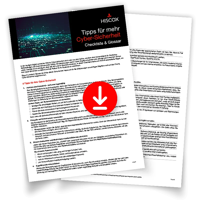 Zwei überlappende Seiten eines Dokuments mit dem Titel "Tipps für mehr Cyber-Sicherheit Checkliste & Glossar" von Hiscox.