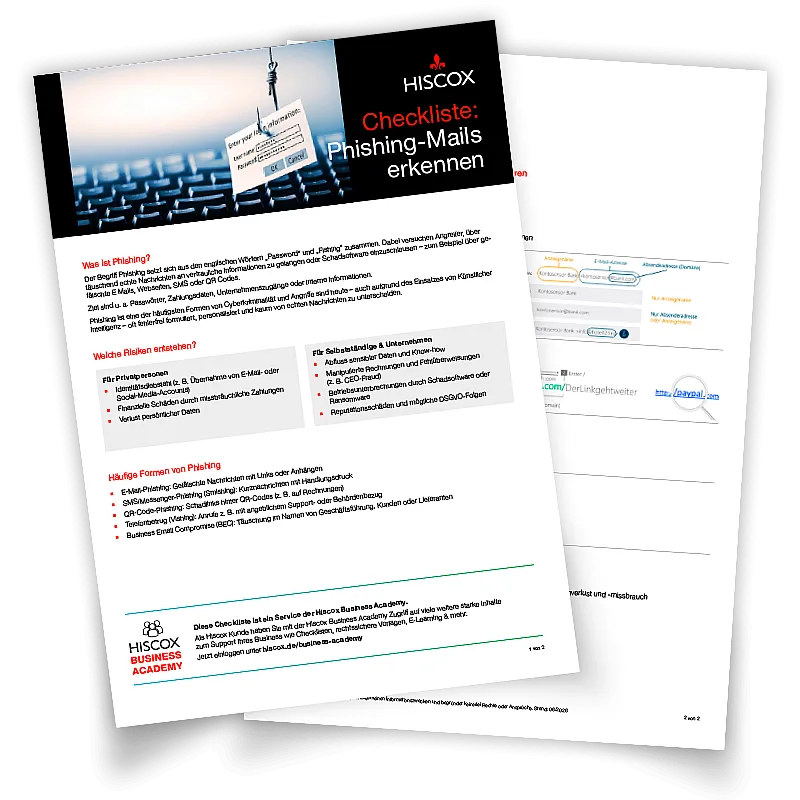 wei übereinanderliegende Dokumente. Das obere ist eine Checkliste von Hiscox mit dem Titel „CHECKLISTE PHISHING-MAILS ERKENNEN UND ABWEHREN“, die Informationen über Phishing, Erkennungsmerkmale und Risiken enthält.