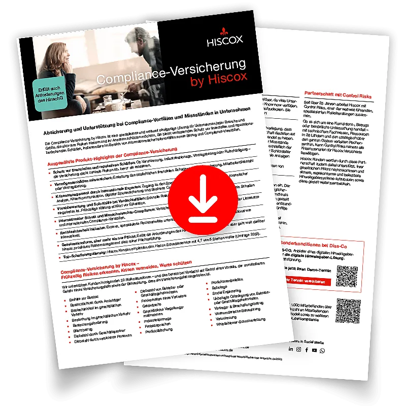Vorschaubild des Highlightsheets zur Hiscox Compliance-Versicherung mit Downloadsymbol