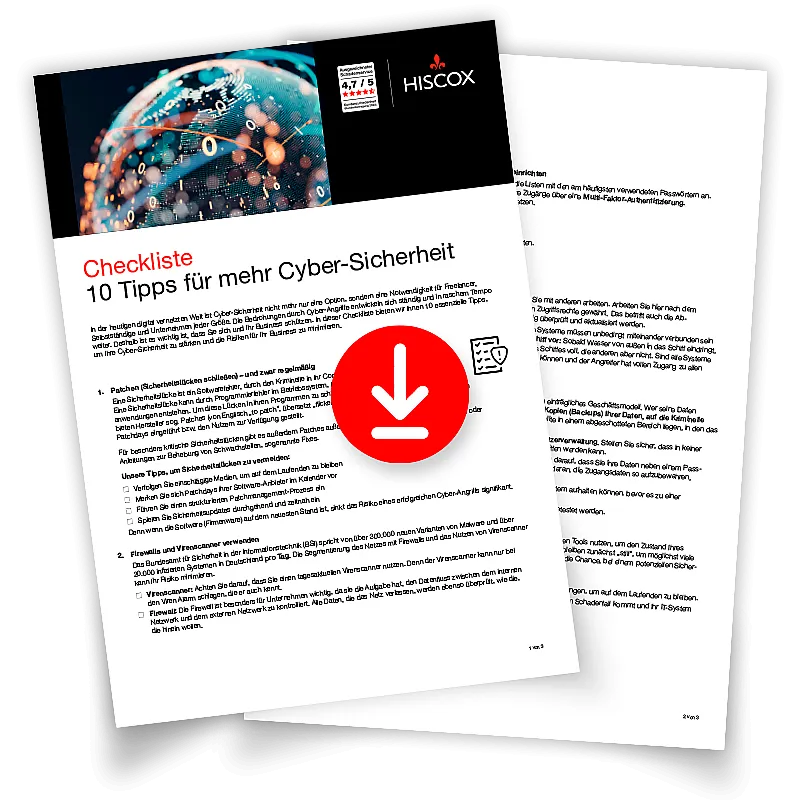 Mock-up einer Hiscox-Checkliste mit dem Titel „10 Tipps für mehr Cyber-Sicherheit“, mit Visual einer digitalen Weltkugel, Hinweisen zu Schutzmaßnahmen und einem Download-Symbol für die Checkliste.