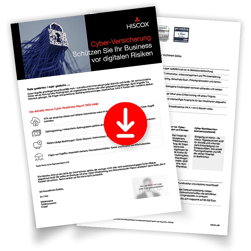Mock-up eines Hiscox Kundenanschreibens zur Cyber-Versicherung mit Headline „Cyber-Versicherung – Schützen Sie Ihr Business vor digitalen Risiken“, Grafiken zu Cyberangriffen und einem Download-Symbol für weitere Informationen.