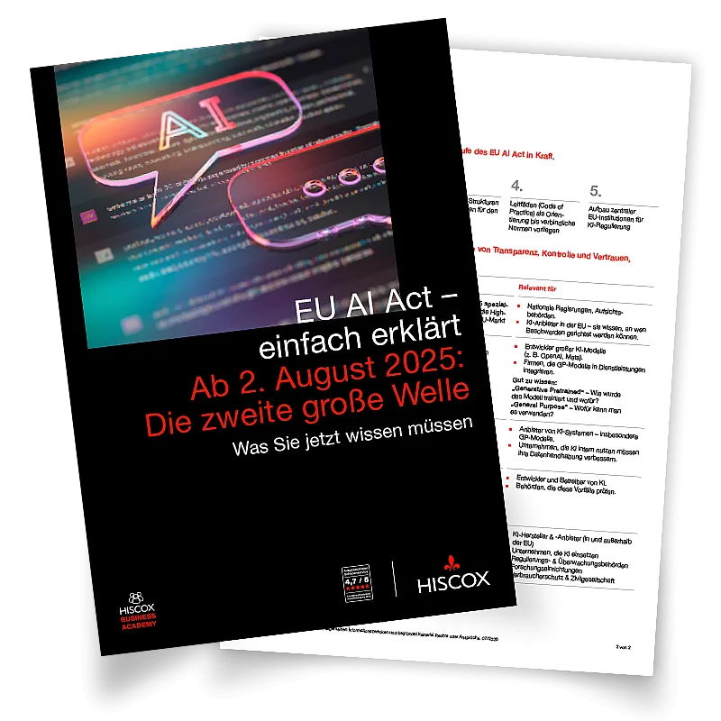wei HISCOX-Dokumente zum EU AI Act mit Titel und Übersicht wichtiger Regelungen ab August 2025.