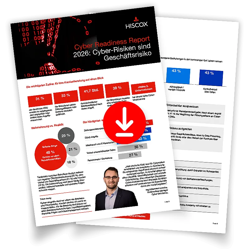 Vorschau auf das Factsheet mit den wichtigsten Erkenntnissen des Hiscox Cyber Readiness Reports 2026 für Versicherungsmakler