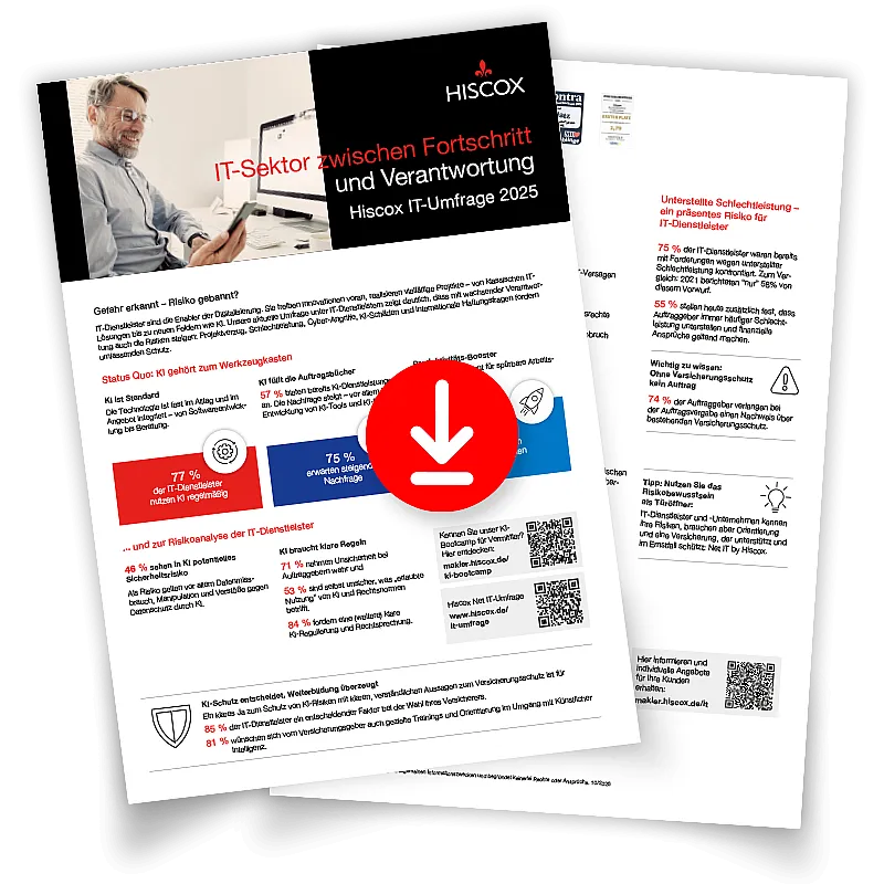 Vorschau auf das Factsheet zu den Ergebnissen der Hiscox IT-Studie 2025 mit Download-Symbol