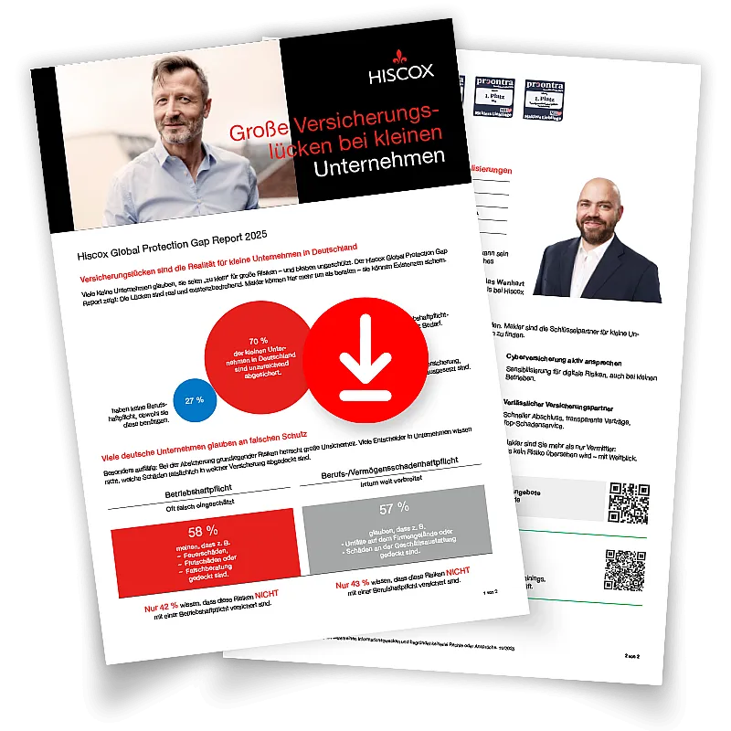 Vorschau auf das Factsheet zu den Ergebnissen des Hiscox Protection Gap Report 2025 zum Thema Unterversicherung mit Download-Symbol