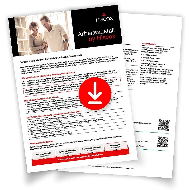 Zwei Dokumente von Hiscox mit dem Titel "Arbeitsausfall by Hiscox". Das vordere Dokument zeigt ein Bild eines Paares und enthält Text über Versicherungsschutz bei Arbeitsausfall. Ein rotes Symbol mit einem weißen Pfeil nach unten ist in der Mitte des Dokuments zu sehen