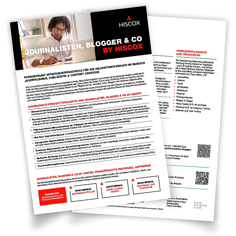 Vorschaubild des Highlightsheets zur Hiscox Berufshaftspflicht für Journalisten, Blogger & Co.