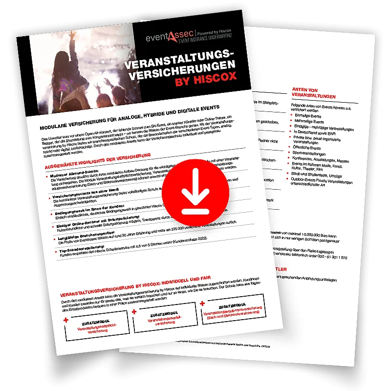 Vorschaubild des Highlightsheets zur Hiscox Eventversicherung mit Downloadsymbol