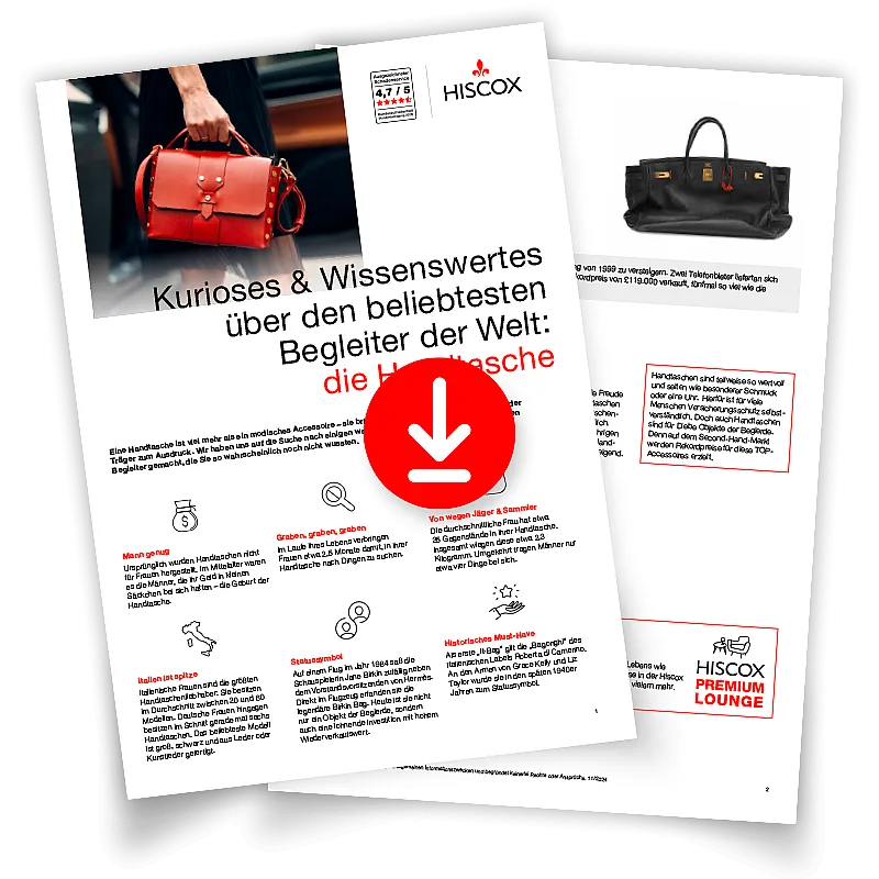 Zwei übereinanderliegende Dokumente mit dem Titel „Kurioses & Wissenswertes über den beliebtesten Begleiter der Welt: die Handtasche“ von Hiscox. Auf dem oberen Blatt ein Foto einer roten Handtasche, darunter Text und Symbole; in der Mitte ein rotes Download-Symbol.