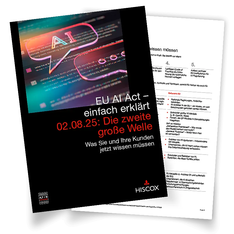 Vorschau auf zweiseitiges Dokument. Die erste Seite zeigt eine Grafik mit einer Sprechblase. In der Sprechblase steht AI. Drunter steht folgedner Text: EU AI Act einfach erklärt. 02.08.25 Die zweite große Welle. Was Sie und Ihre Kunden jetzt wissen müssen.