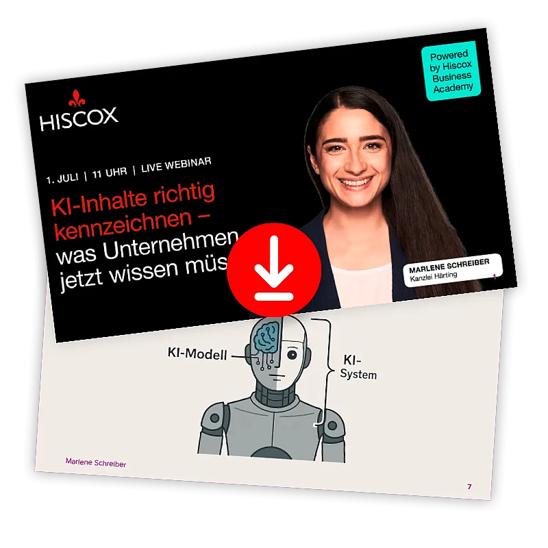 Download der Webinar-Präsentation „KI-Inhalte richtig kennzeichnen“ mit Informationen zu den Anforderungen an die Kennzeichnung von KI-Systemen und KI-Modellen im Unternehmenskontext.