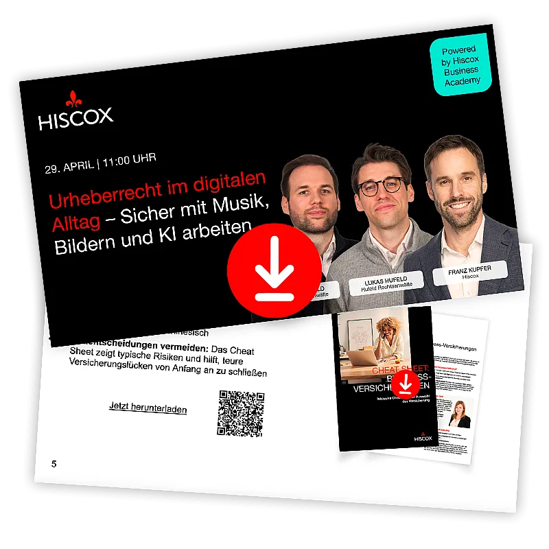 Schräg dargestelltes Mock-up einer Website mit einem Hiscox‑Webinar‑Visual zum Thema ‚Urheberrecht im digitalen Alltag‘. Sichtbar sind das Webinar-Motiv mit Referenten, ein rotes Download-Symbol sowie eine Vorschau auf ein begleitendes Cheat Sheet.