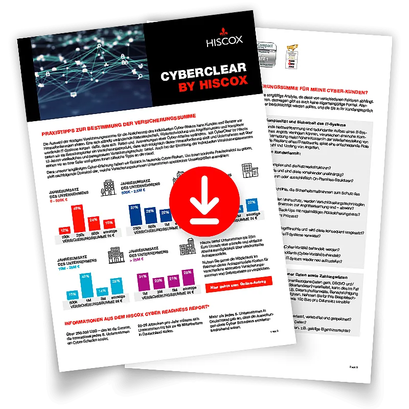 Zwei Seiten eines Dokuments mit dem Titel "CYBERCLEAR BY HISCOX". Die erste Seite enthält das Hiscox-Logo, Balkendiagramme und Text in Deutsch.