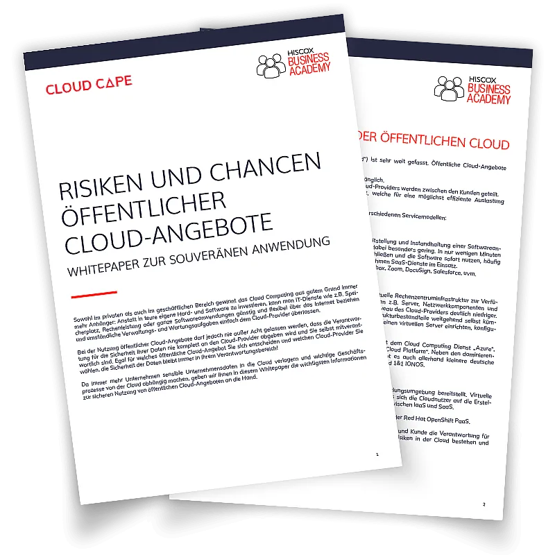 Zwei überlappende Seiten eines Dokuments der Hiscox Business Academy mit dem Titel „CLOUD CAPE“. Sichtbar ist die Seite „Risiken und Chancen öffentlicher Cloud-Angebote – Whitepaper zur souveränen Anwendung“.
